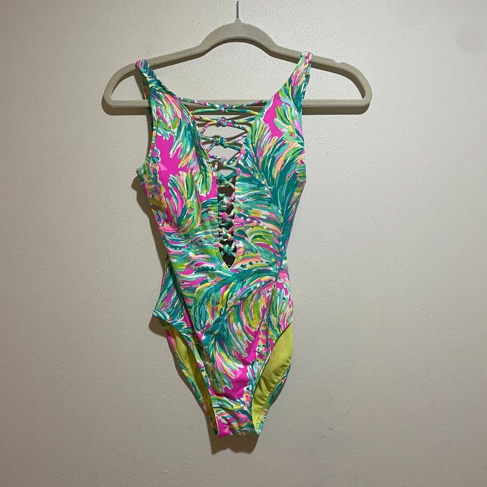 Lilly Pulitzer Size 0 Isle Lattice One Piece Swimsuit Swim Suit Shady Lady Palm - Picture 3 of 11